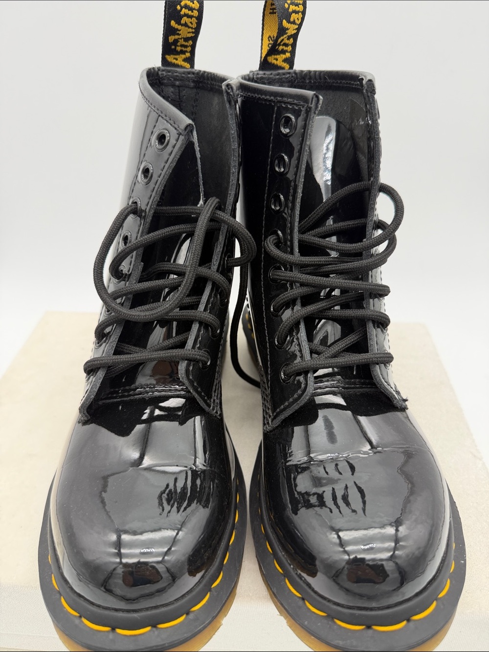 Dr. Martens Black Patent Lace-Up Boots with Yellow Stitching women’s US 6